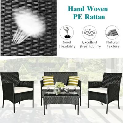 4 Pieces Patio Rattan Cushioned Conversation Sets with Tempered Glass Coffee Table