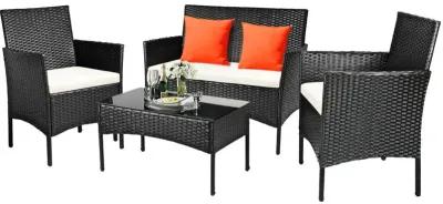 4 Pieces Patio Rattan Cushioned Conversation Sets with Tempered Glass Coffee Table