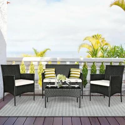 4 Pieces Patio Rattan Cushioned Conversation Sets with Tempered Glass Coffee Table