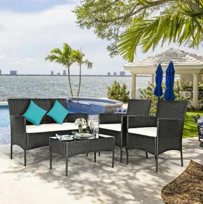 4 Pieces Patio Rattan Cushioned Conversation Sets with Tempered Glass Coffee Table