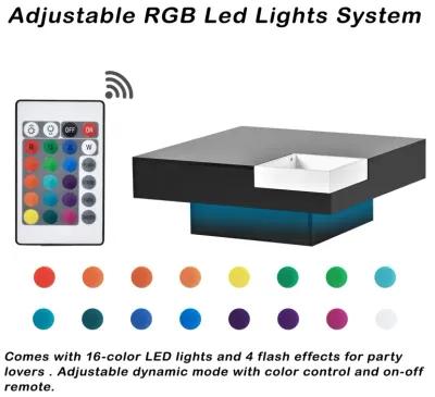 Modern Minimalist Design Square Coffee Table with Detachable Tray and Plug-in 16-color LED Strip Lights Remote Control