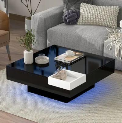 Modern Minimalist Design Square Coffee Table with Detachable Tray and Plug-in 16-color LED Strip Lights Remote Control