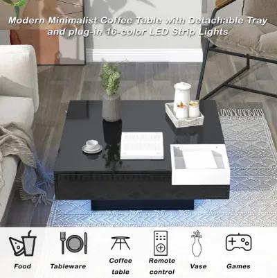 Modern Minimalist Design Square Coffee Table with Detachable Tray and Plug-in 16-color LED Strip Lights Remote Control