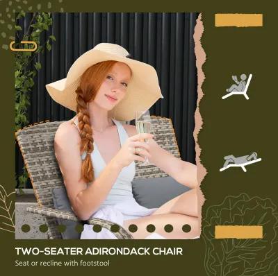 Outsunny Wicker Adirondack Chair for 2 with Cushions & Footrests, PE Rattan Fire Pit Chair for 2, Double Adirondack Patio Chair for Porch, Backyard, Garden with High-back, Wide Armrests, Gray