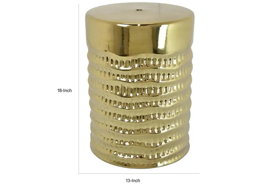 Hama 18 Inch Plant Stand, Horizontal Ribs, Embossed Pattern, Gold Ceramic - Benzara