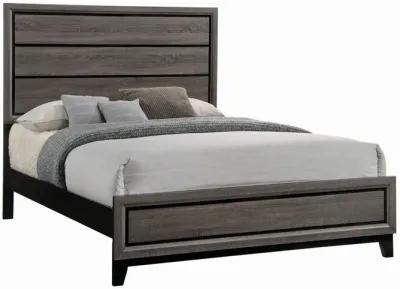 Transitional Queen Bed with Plank Panel Headboard and Low Footboard, Gray-Benzara