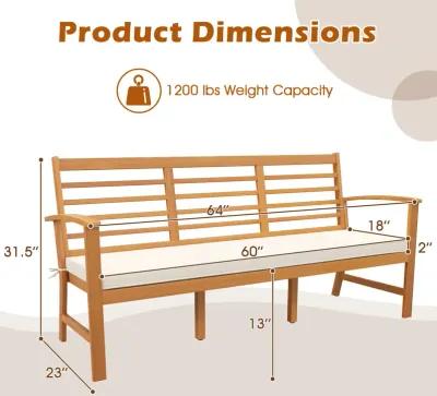 Patio 64 Inch Wood Bench with Seat Cushion and Slatted Seat for Backyard-Off White