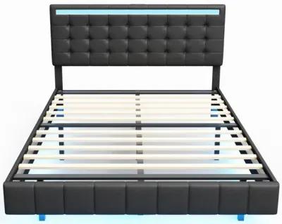 Floating Queen Bed Frame with LED & USB Charger