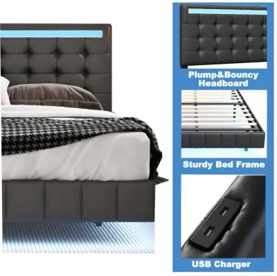 Floating Queen Bed Frame with LED & USB Charger