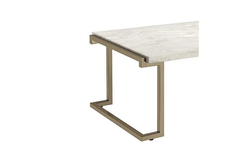 Faux Marble Top Coffee Table With Metal Base, White And Gold-Benzara