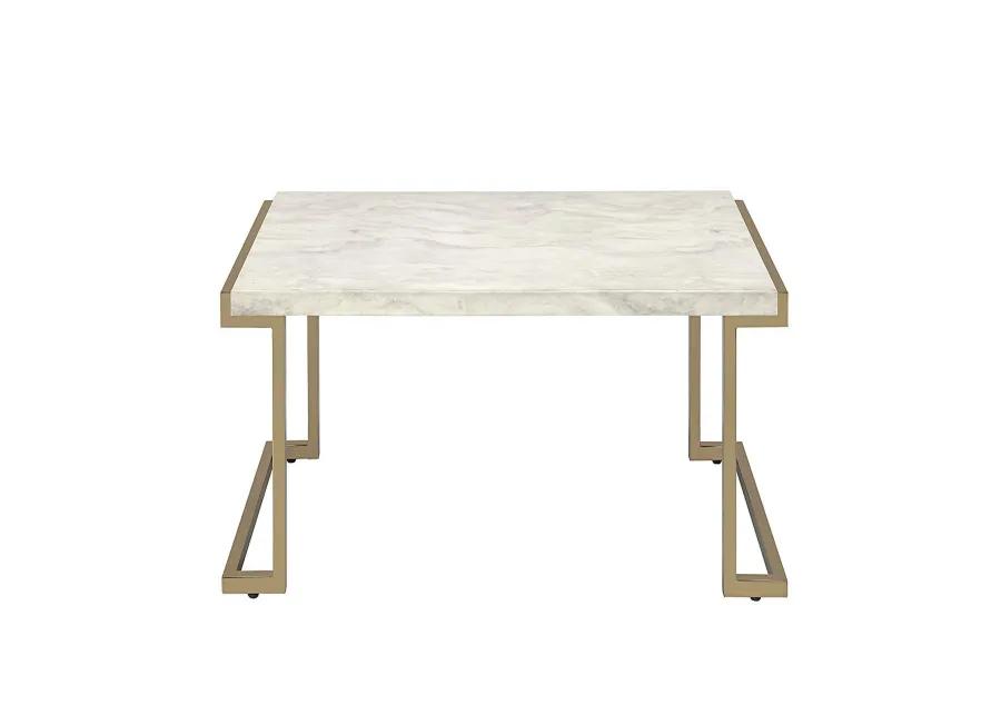 Faux Marble Top Coffee Table With Metal Base, White And Gold-Benzara