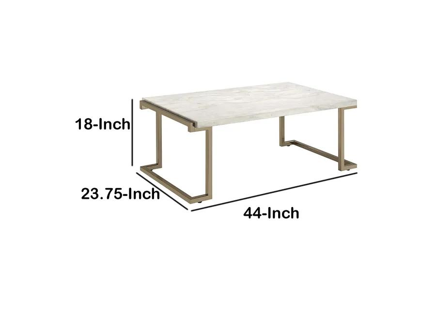 Faux Marble Top Coffee Table With Metal Base, White And Gold-Benzara