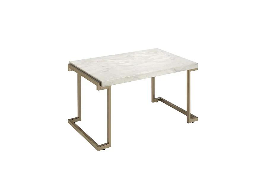 Faux Marble Top Coffee Table With Metal Base, White And Gold-Benzara