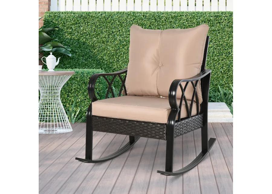 Khaki Porch Rocker: Outdoor Wicker Chair with Padded Cushions