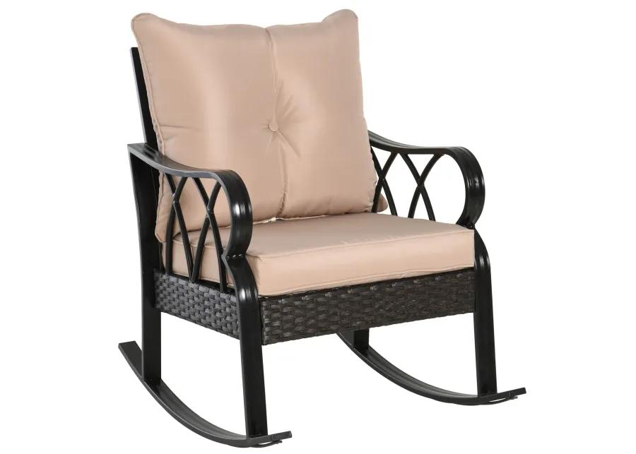 Khaki Porch Rocker: Outdoor Wicker Chair with Padded Cushions