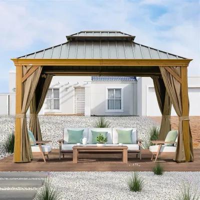 MONDAWE 10x12ft Hardtop Gazebo, Wooden Coated Aluminum Frame Canopy with Galvanized Steel Double Roof, Outdoor Permanent Metal Pavilion with Curtains and Netting for Patio, Deck and Lawn(Wood-Looking)