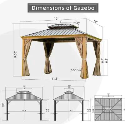 MONDAWE 10x12ft Hardtop Gazebo, Wooden Coated Aluminum Frame Canopy with Galvanized Steel Double Roof, Outdoor Permanent Metal Pavilion with Curtains and Netting for Patio, Deck and Lawn(Wood-Looking)