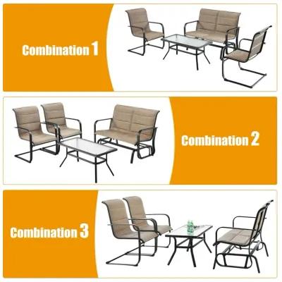 4 Pieces Outdoor Patio Furniture Set with Padded Glider Loveseat and Coffee Table-Brown