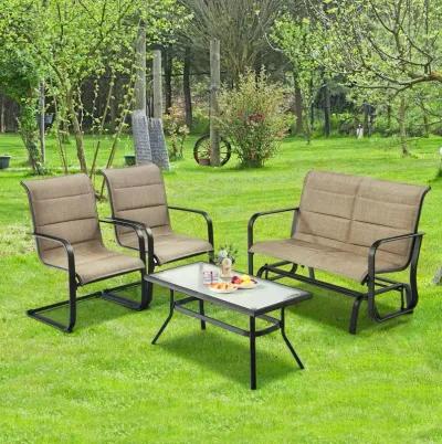 4 Pieces Outdoor Patio Furniture Set with Padded Glider Loveseat and Coffee Table-Brown