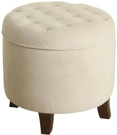 Button Tufted Velvet Upholstered Wooden Ottoman with Hidden Storage, Cream and Brown - Benzara