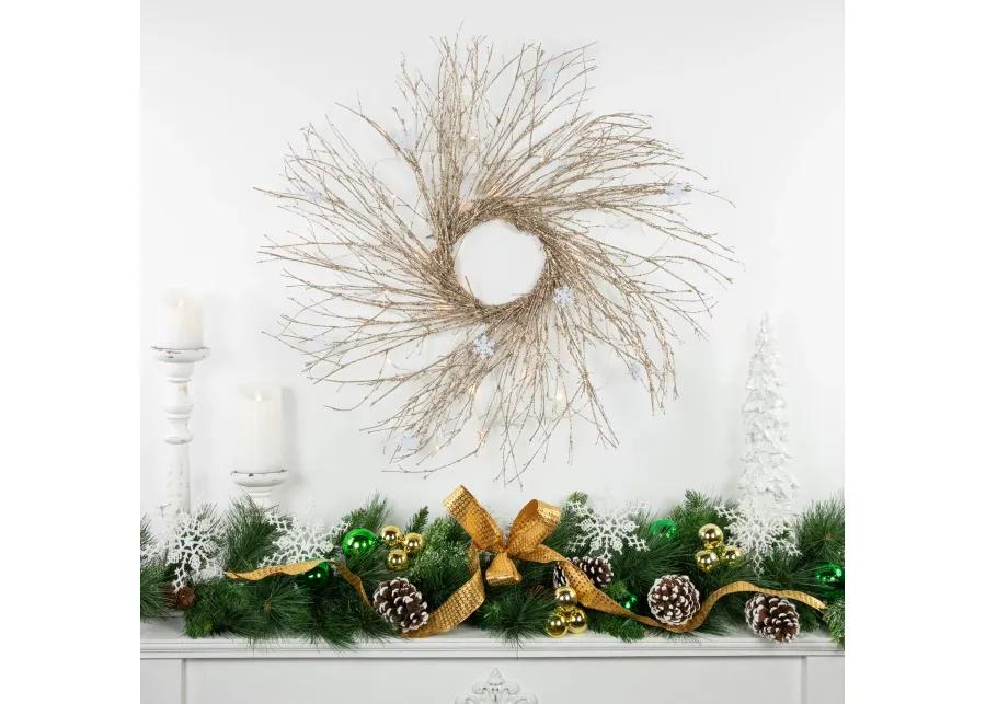 28" Pre-lit Champagne Glittered Artificial Twig Christmas Wreath  Warm White LED Lights