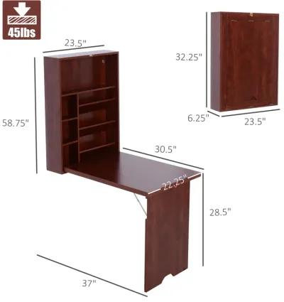 Space-Saving Workstation: Mahogany Wall-Mounted Convertible Desk