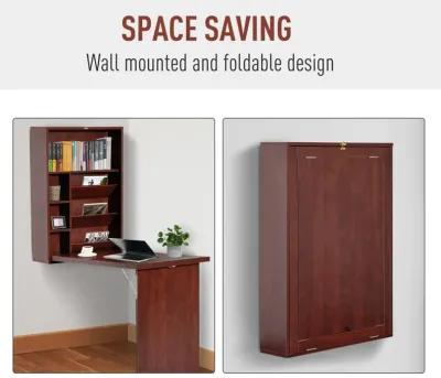 Space-Saving Workstation: Mahogany Wall-Mounted Convertible Desk