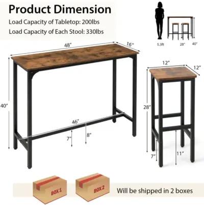 3 Pieces Industrial Bar Table and Chairs Set with Metal Frame