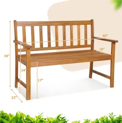 2-Person Patio Acacia Wood Bench with Backrest and Armrests