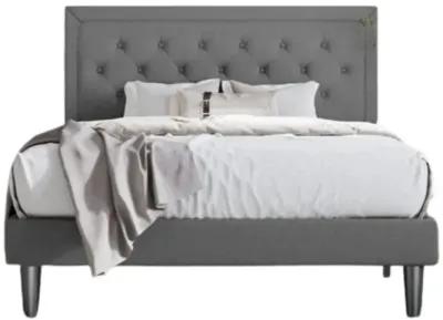 Hivvago King Size Dark Grey Linen Upholstered Platform Bed with Button Tufted Headboard