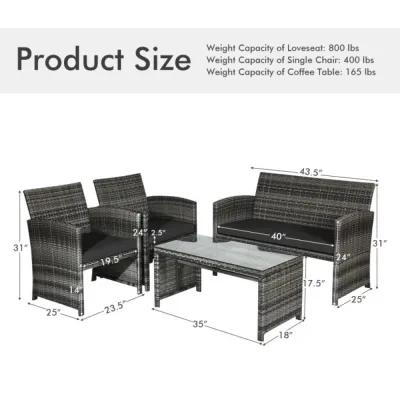 Hivvago 4 Pieces Patio Rattan Furniture Set with Glass Table and Loveseat