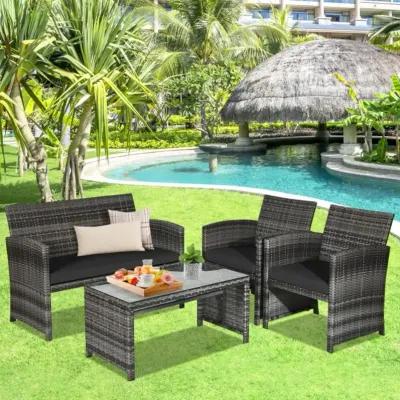 Hivvago 4 Pieces Patio Rattan Furniture Set with Glass Table and Loveseat