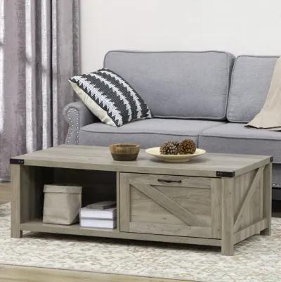 Gray Oak Living Room Table: Rustic Coffee Table with Drawer & Open Shelf