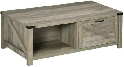 Gray Oak Living Room Table: Rustic Coffee Table with Drawer & Open Shelf