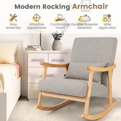 Upholstered Rocking Chair with Pillow and Rubber Wood Frame-Grey