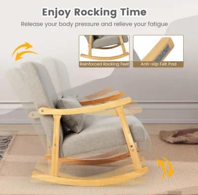 Upholstered Rocking Chair with Pillow and Rubber Wood Frame-Grey