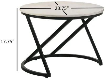 24 Inch Accent Coffee Table, White Marble Top, C Base, Black Metal Finish - Benzara