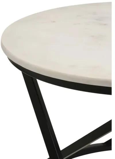 24 Inch Accent Coffee Table, White Marble Top, C Base, Black Metal Finish - Benzara