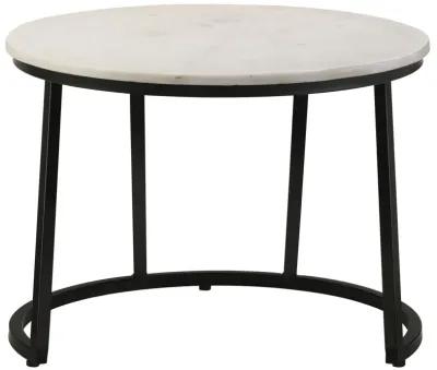 24 Inch Accent Coffee Table, White Marble Top, C Base, Black Metal Finish - Benzara