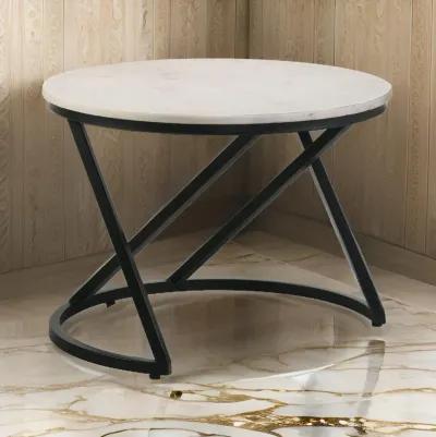 24 Inch Accent Coffee Table, White Marble Top, C Base, Black Metal Finish - Benzara