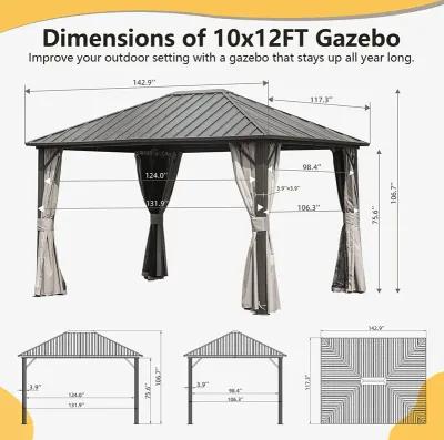 MONDAWE 10x12ft Permanent Outdoor Galvanized Steel Roof Gazebo with Aluminum Frame, Pavilion Metal Gazebos with Netting & Curtains for Garden, Patios, Lawns, Parties(Dark Brown)