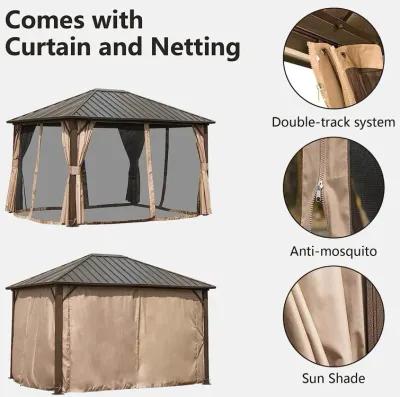 MONDAWE 10x12ft Permanent Outdoor Galvanized Steel Roof Gazebo with Aluminum Frame, Pavilion Metal Gazebos with Netting & Curtains for Garden, Patios, Lawns, Parties(Dark Brown)