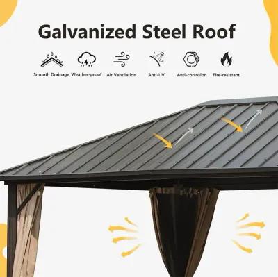 MONDAWE 10x12ft Permanent Outdoor Galvanized Steel Roof Gazebo with Aluminum Frame, Pavilion Metal Gazebos with Netting & Curtains for Garden, Patios, Lawns, Parties(Dark Brown)