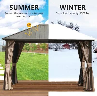 MONDAWE 10x12ft Permanent Outdoor Galvanized Steel Roof Gazebo with Aluminum Frame, Pavilion Metal Gazebos with Netting & Curtains for Garden, Patios, Lawns, Parties(Dark Brown)