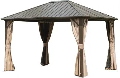 MONDAWE 10x12ft Permanent Outdoor Galvanized Steel Roof Gazebo with Aluminum Frame, Pavilion Metal Gazebos with Netting & Curtains for Garden, Patios, Lawns, Parties(Dark Brown)