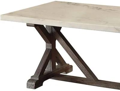 Marble Rectangle Shaped Coffee Table with Wooden Trestle Base, White and Espresso Brown-Benzara