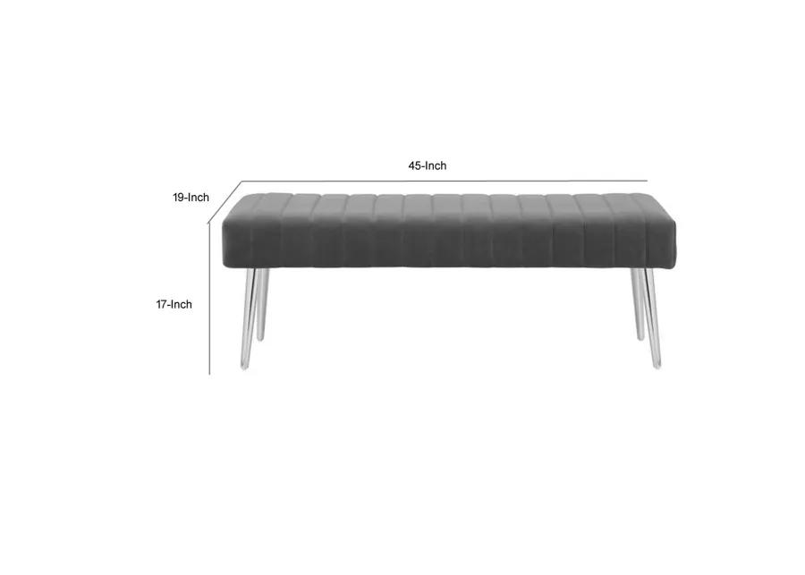 Lida 45 Inch Bench, Modern Tufted Lines, Gray Soft Velvet, Chrome Metal - Benzara