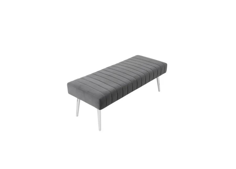 Lida 45 Inch Bench, Modern Tufted Lines, Gray Soft Velvet, Chrome Metal - Benzara