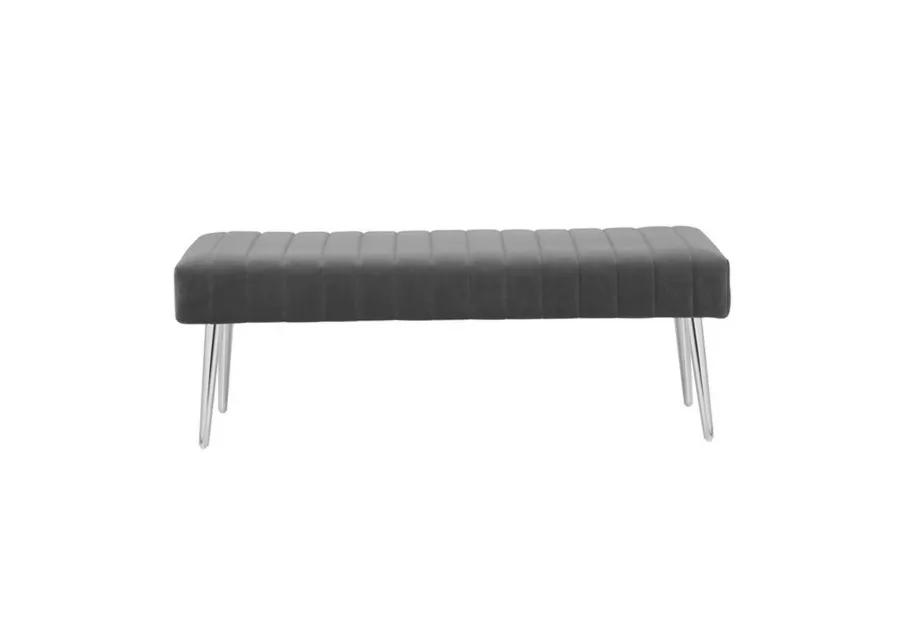 Lida 45 Inch Bench, Modern Tufted Lines, Gray Soft Velvet, Chrome Metal - Benzara