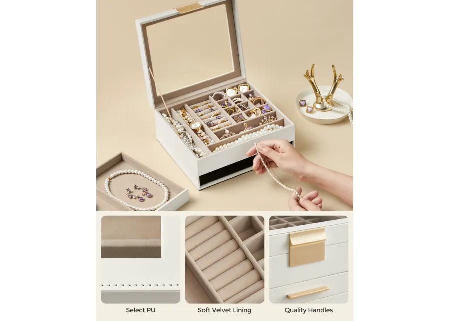 Elegant 2-Layer Jewelry Box with Glass Lid and 1 Drawer - Perfect Gift for Loved Ones